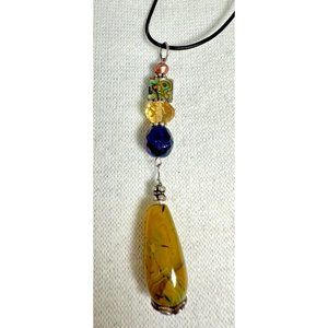 Hand Crafted Boho Pendant Black Cord Necklace - Abalone Crystal Jasper - 24"